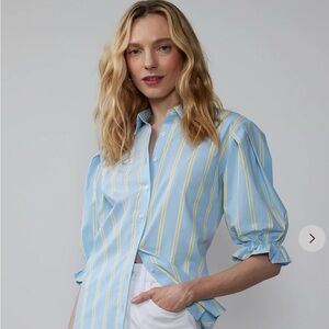 New York & Company Blue and White Puff Sleeve Button Down SIZE M NWT